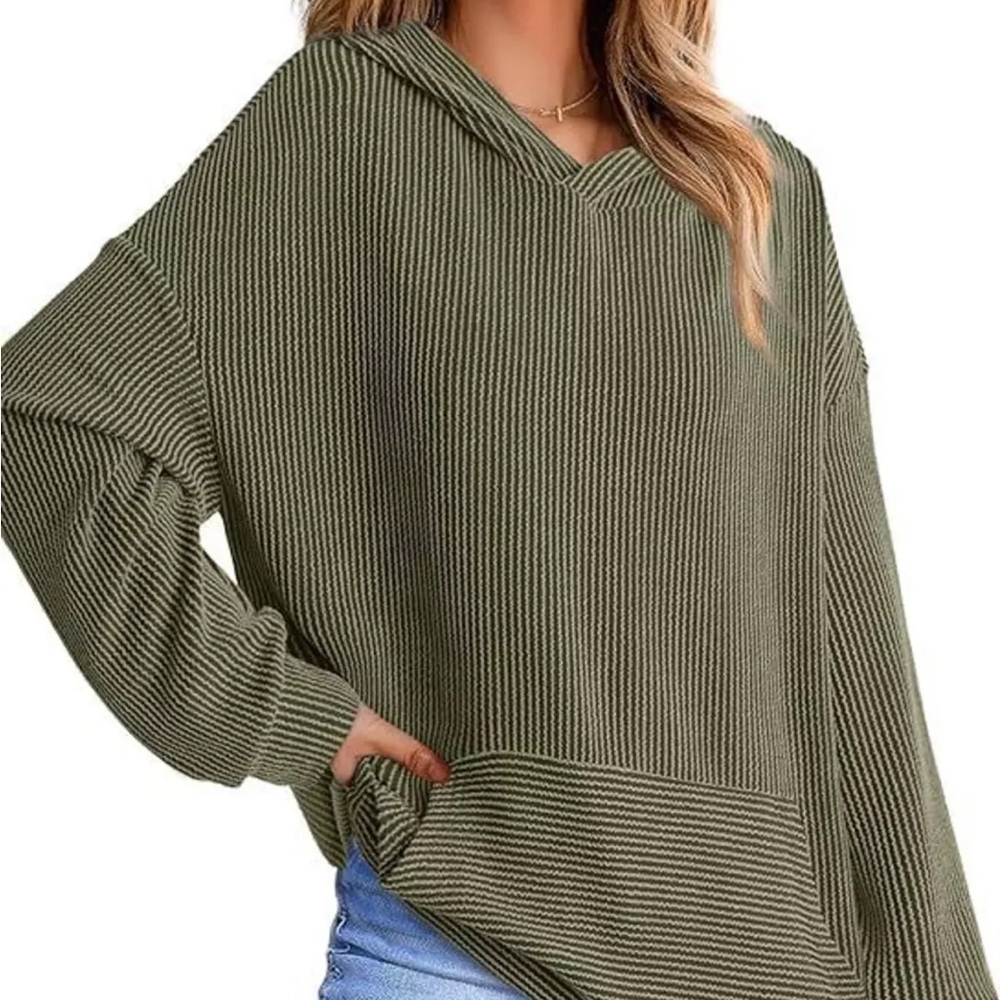 Pink Lily Olive Green Striped Hoodie